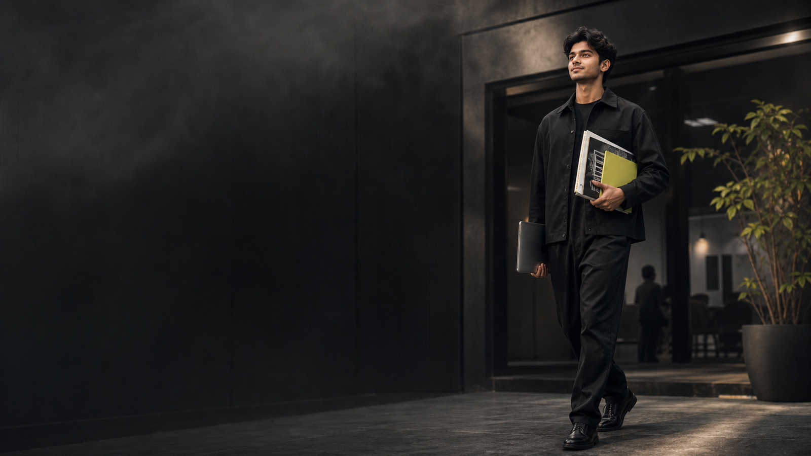 Graduate leaving a creative studio with a laptop and portfolio