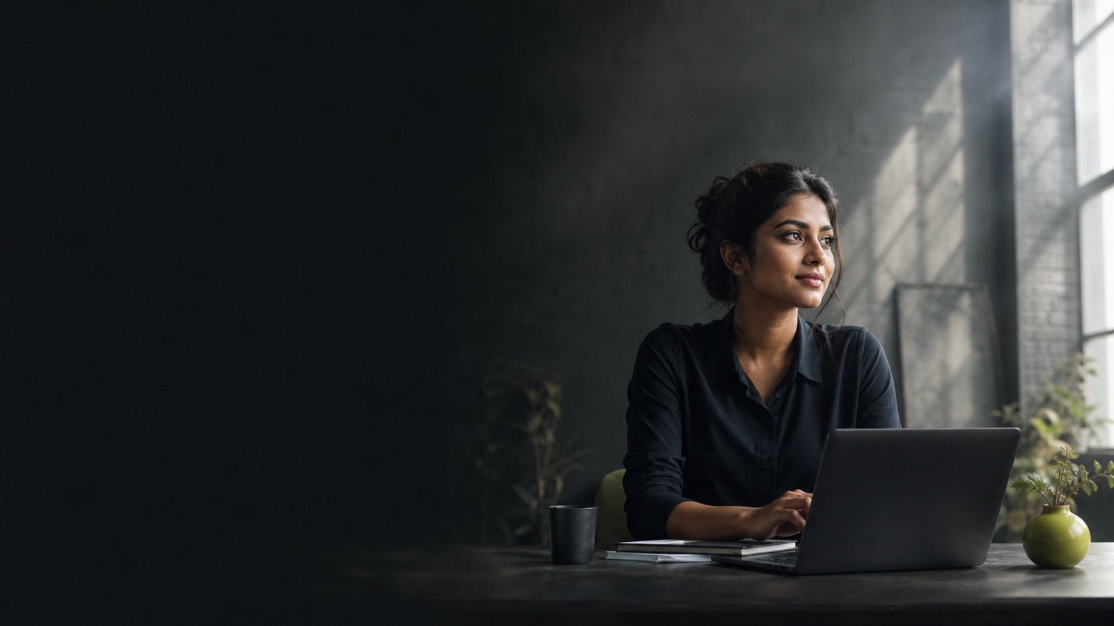 Young marketing professional working with a laptop in a studio