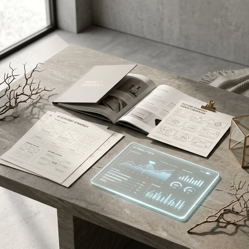 Marketing portfolio materials on a studio table